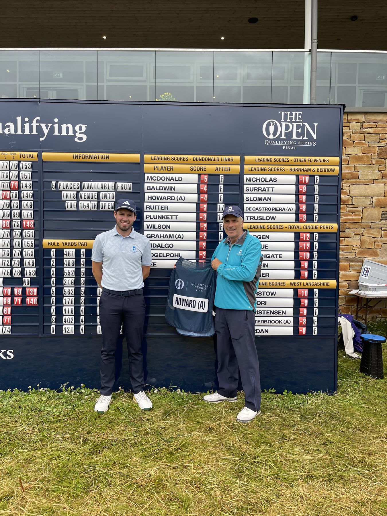 David and John Howard at the Dundonald Links scoreboard showing Howard at four under